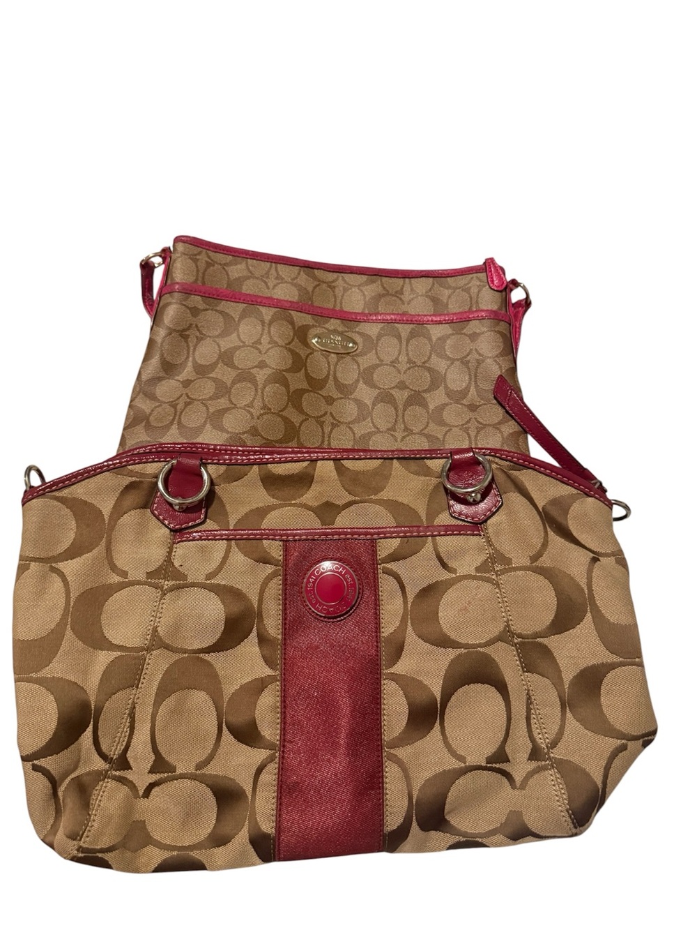 Coach Signature Canvas Shoulder Bag with Pink Trim and maroon trim(no handles)